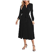 Long Sleeve Dress for Women Fall Winter Elegant Formal Smocked Flowy Midi Dress Trendy Floral Belted V Neck Dress