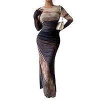 Womens Casual Pleated Mesh Maxi Pencil Dress with Fit Long Sleeve Crewneck Slit Thigh Bodycon Ruched Dresses Women
