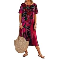 Womens Boho Floral Print Midi Dress Plus Size Short Sleeve Crew Neck Summer Vacation Casual Loose Beach Dresses