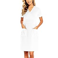 joysale Women's Summer Casual Working Dress Short Sleeve Solid Color Midi Dresses V-Neck Cocktail Dress with Pockets