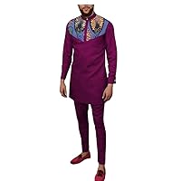 Men`s Casual African Traditional Clothing Set Dashiki Print Shirt and Pants Suit Wax Batik Attire