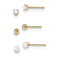 14k Gold Madi K 3 Pair Set ball CZ Cubic Zirconia Simulated Diamond and Freshwater Cultured Pearl Earrings Measures 3.3x3.3m Jewelry for Women