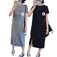 Women's Casual Oversize mid-Length Over Knee Base Skirt, Summer Short Sleeve Dress, Spring Picnic Party Dress