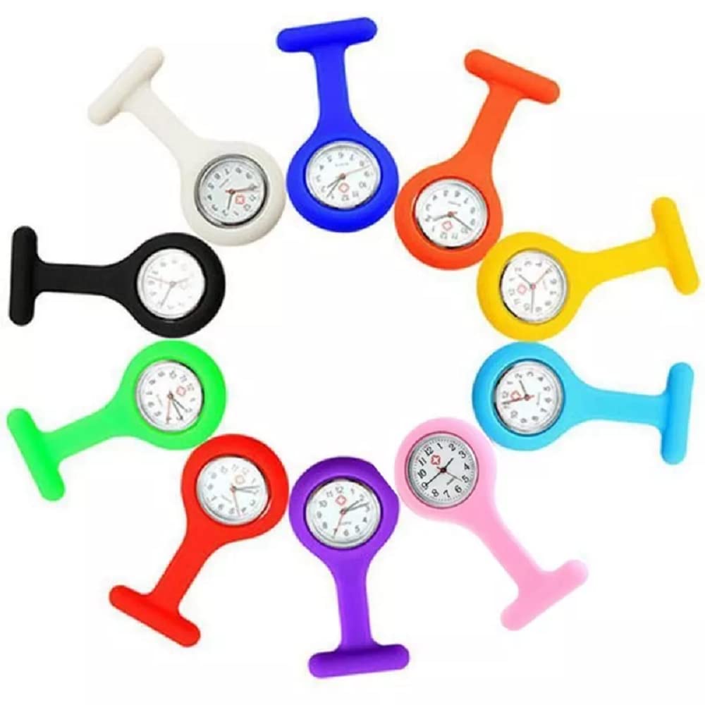 Fashionwu Silicone Nurse Watches for Women, 10 Pcs/Set Nursing Watches for Nurses, Nurse Watches Clip On, Watch for Stethoscope, Portable Badge Nurse Watch with Second Hand, Lapel Pocket Quartz Watch