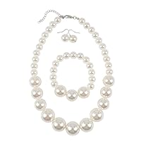 Daimay Large Pearl Jewellery Set Imitation Pearl Necklace Cherry Bracelet Stud Earrings Women's Necklace Round Cultured Chain Statement Pearl Bracelet Pearl Earrings for Wedding Events Party - White,