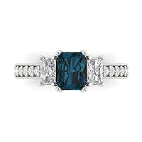 Clara Pucci 1.71ct Emerald Round Cut Solitaire 3 stone accent Natural London Blue Topaz gemstone designer Modern Ring 14k White Gold