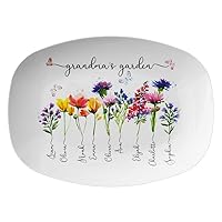 Custom Grandma's Garden Plate With Grandkids Names Family Name Watercolor Flowers Personalized Platter Unique Mothers Day Gift for Grandma Serving Trays Serving Plates for Fish Dish, Steak