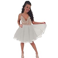 MllesReve Short Homecoming Dresses Chiffon Crystal Beaded V Neck Spaghetti Straps Knee Length Prom Dresses