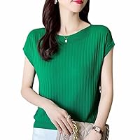 Summer knit spring summer autumn ladies cool touch rib knit short sleeve tops thin pullover loose French sleeve slimming boat neck casual feminine cool inner large size commute - green ||XL
