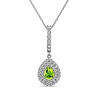 Pear Peridot & Diamond Halo Pendant Necklace 0.55 ctw 14K White Gold with 18