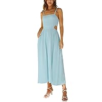 DEEP SELF Women's Summer Midi Dress Sleeveless Square Neck Smocked Cut Out Long Dress Spaghetti Strap A Line Sun Dresses