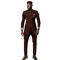 Men`s Suit Slim Fit Embroidery Double Breasted Blazer Trousers and Hat Set Formal Outfits African Clothes