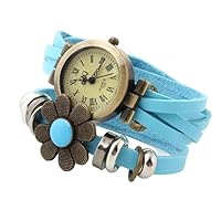 Women's Stylish Leather Flower Bracelet Style Watch Light Blue
