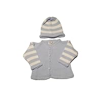 Knitted Cotton Blue White Stripe Crocheted Trim Cardigan Sweater, Hat Set