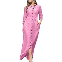 YZHM Women's Button Dress Long Sleeve Maxi Dress Solid Casual Long Dresses Loose Fit Beach Dresses Solid Fashion Lounge Dress