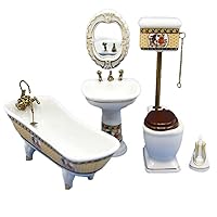 Dollhouse White Porcelain Bathroom Suite Gold Trim Miniature Furniture Set