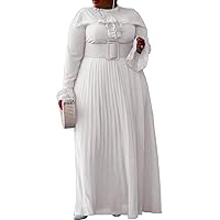 VERWIN Plus Size Floor-Length Solid Long Sleeve Pleated Women's Maxi Dress Prom Dress with Belt