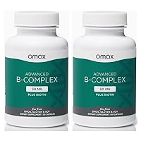 Omax3 2 Bottles - Advanced Vitamin B Complex 50MG with Biotin | Strong & Shiny Hair, Skin Nails, Support Stress, Immunity, Energy Metabolism, 90 Capsules/per Bottle