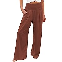 SNKSDGM Womens Linen Palazzo Pants Summer Dressy Button Up Wide Leg Smocked High Waist Casual Yoga Pant Trousers with Pocket