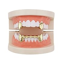 18K Gold Plated Hip Hop Teeth Grillz Caps 2pc Single Fangs and 6 Bottom Grillz Set for Your Teeth Grills for Men Women Rapper Accessory