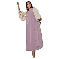 Arab Dress Lantern Sleeve Contrast Patchwork Stand Collar Hot Fix Rhinestone Dubai Robe Women Clothing