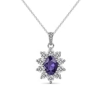 Oval Iolite & Natural Diamond Floral Halo Pendant 1.42 ctw 14K White Gold. Included 18 inches Gold Chain.