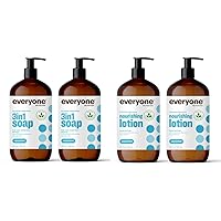 Everyone 3-in-1 Soap, Body Wash, Bubble Bath, Shampoo, 32 Fl Oz (Pack of 2) & Nourishing Hand and Body Lotion, 32 Ounce (Pack of 2), Unscented, Plant-Based Lotion with Pure Essential Oils