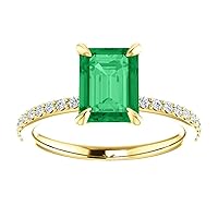 Trendy 1 CT Emerald Cut Emerald Engagement Ring 14k Yellow Gold, Genuine Emerald Diamond Pave Band, Natural Green Emerald Ring, Emerald Edwardian Ring, Wedding Ring