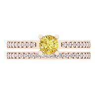 Clara Pucci 1.30 ct Round Cut Solitaire Genuine Natural Yellow Citrine Art Deco Statement Wedding Ring Band set 18K Rose Solid Gold