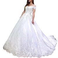 Princess Ball Gown Wedding Dress Off Shoulder Lace Applique Bride Dress lace up with Long Train BA-OF-0577