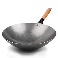 CHUNCIN - Pre-Seasoned Carbon Steel Wok, Uncoated Non-Stick Pan with Wooden Handle, Traditional Hand Hammered Carbon Steel Pow Wok, for Fried, Boiled, Steamed, Stewed,with Ears,34cm ( Color : Without