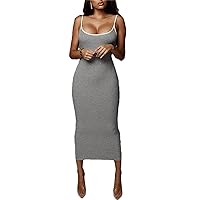 Women's Scoop Neck Spaghetti Strap Backless Slim Fit Midi Dress High Waist Cotton Solid Color Dress
