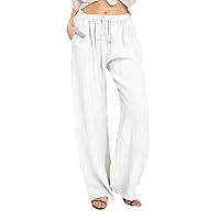 Women's Casual Linen Palazzo Pants Summer Straight Wide Leg Pants Solid Color Flowy Long Pants with Pockets