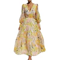 Bohemian Floral Lantern Long Sleeve Elegant Dress Women Chiffon Ladies Gorgeous V-Neck Sexy