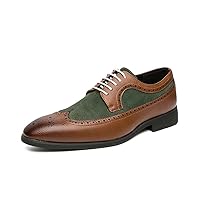 Mens Wingtip Two Tone Oxfords Perforated Duo-Texture Lace-up Brogues Patchwork Color Matching Punched Wedding Shoes