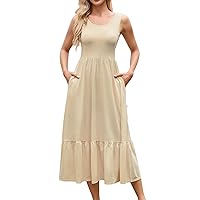 Womens Sundresses Long Dresses for Women 2024 Solid Color Simple Classic Casual with Sleeveless Square Neck Tunic Dress Complexion Medium