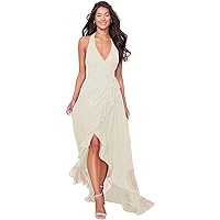 Dexinyuan V-Neck Chiffon Bridesmaid Dresses for Women 2022 Halter High Low Formal Dresses Long Ruffle Evening Gowns Ivory 2