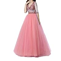 Women's Ball Gowns Long Prom Dresses Tulle 3/4 Sleeves Formal Party Dress Beaded