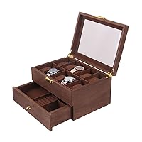 Wooden Case Watch Display Box with Valet Drawer for Men Women Accessories Glass Top Collection Box Jewelry Storage Organizer Holder Gifts(14 Slots) Walnut