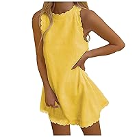 Women Trendy Scallop Trim Casual Tunic Tank Dresses Summer Sleeveless Zipper Back Beach Mini Sundress for Vacation