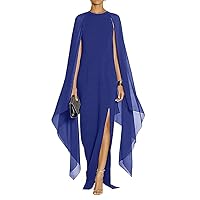 Women's Flare Chiffon Sleeve High Split Formal Evening Gown Maxi Dress with Cape