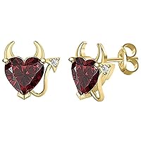 Created Heart Cut Red Garnet 925 Sterling Silver 14K Gold Over Diamond Devil Heart Stud Earring for Women's & Girl's