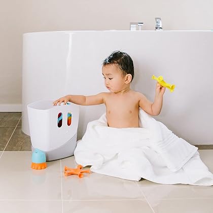 Ubbi Baby Bath Time Essential Gift Set, Includes Drying Bin and 11 Bath Toys, Dishwasher Safe, White