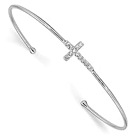 1.3mm 925 Sterling Silver Rhodium Plated CZ Cubic Zirconia Simulated Diamond Religious Faith Cross Slip on Cuff Stackable Bangle Bracelet Jewelry for Women