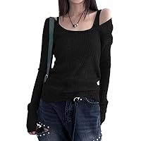 Woxlica Y2K Shirts Long Sleeve V Neck Grunge Aesthetic T Shirt for Women