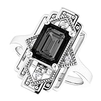 1.00 CT Antique Emerald Shape Black Diamond Ring 14k White Gold, Large Victorian Emerald Black Engagement Ring, Vintage Black Onyx Ring, Fancy Ring For Her