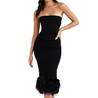 houstil Women's Wedding Guest Dress Feather Sleeveless Mermaid Evening Party Cocktail Bandage Dress