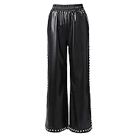 Womens Faux Leather Leggings Pants PU Women's Fashion Matching Solid Color Loose Wide Leg Pocket PU Leather