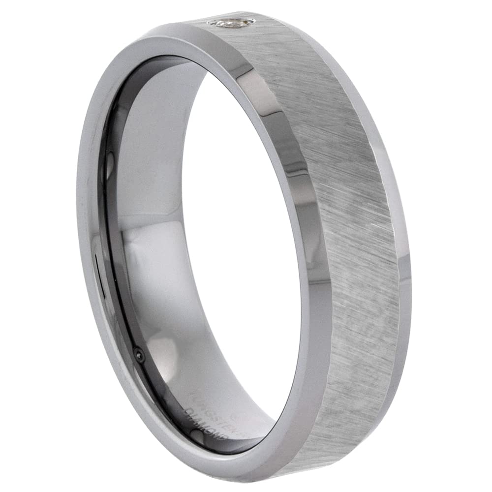 Sabrina Silver 6mm Tungsten Diamond Wedding Ring for Him & Her Dazzling Cut Finish Beveled Comfort fit, Sizes 4 to 9.5