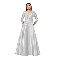Mother of The Bride Dresses for Wedding Lace Appliques Satin Formal Prom Dress with Sleeves
